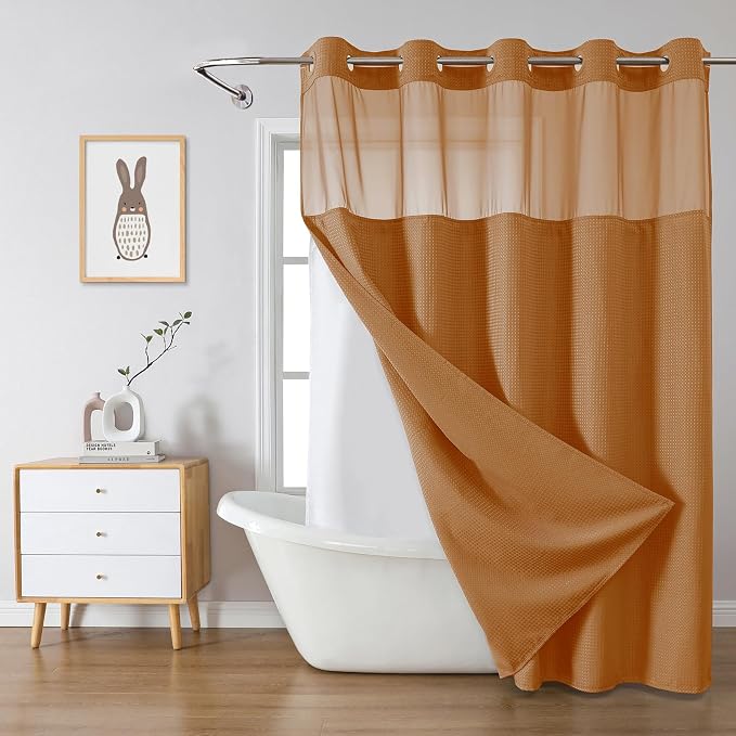 No Hook Long Waffle Shower Curtain, Snap-In Liner, 71x86 in, Burnt Orange | 230 GSM waffle weave fabric, waterproof liner set with 2 bottom magnets, mesh top window, washable, for bathroom or hotel use