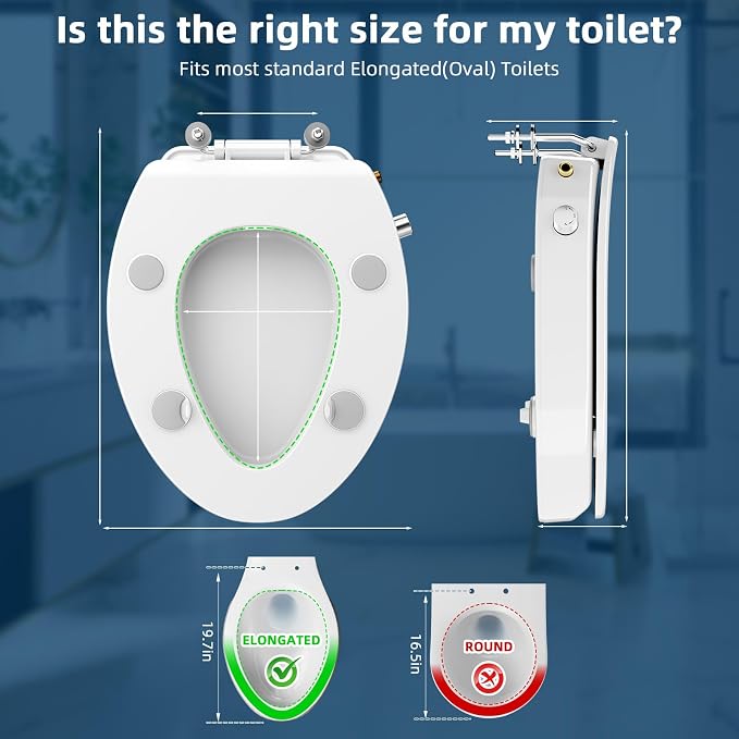 Elevated Bidet Toilet seat 3 inch, Elongated Toilet seat risers for Seniors, Non-Electric Bidet Mode with Dual Nozzles, Fit Elongated Toilet Seat, Adjustable Water Pressure with Brass inlet (18.5”)
