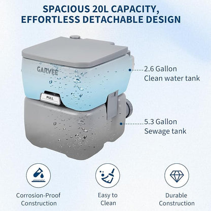 5.3 Gallon Portable Toilet for Camping, with Carry Bag & Detachable Tank, Ideal for Boat, Truck & RV Use, Gray