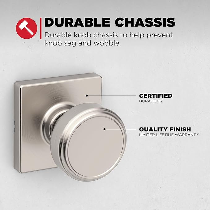 Kwikset Maven Interior Passage Door Knob, Handle for Closet and Hallway Doors, Square Non-Locking Doorknob in Satin Nickel, with Microban Protection