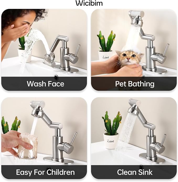 Wicibim Brushed Nickel Bathroom Sink Faucet, Stainless Steel Single Handle with 1080° Rotation, 2 Water Outlet Modes, Hot and Cold Hoses,Swivel Faucet