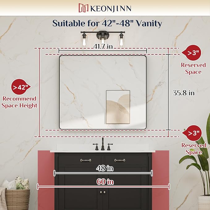 Keonjinn 42 x 36 Inch Black Bathroom Mirror for Over Sink, Tempered Glass | Sandblasted Finish, Matte Black Vanity Mirror, Anti-Rust, Seamless Aluminum Frame, Rounded Rectangle, French Cleat Mount