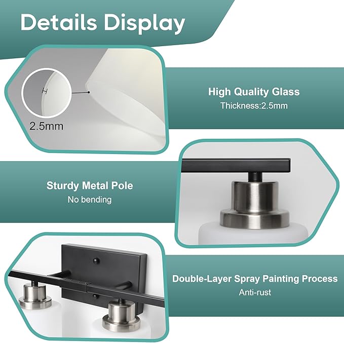 Ascher Bathroom Light Fixtures, 4-Light Vanity Light Over Mirror, Black and Nickel Wall Sconces with Milky White Frosted Glass Shades, Wall Lamp for Living Room Bedroom, E26 Base(Bulbs Not Included)