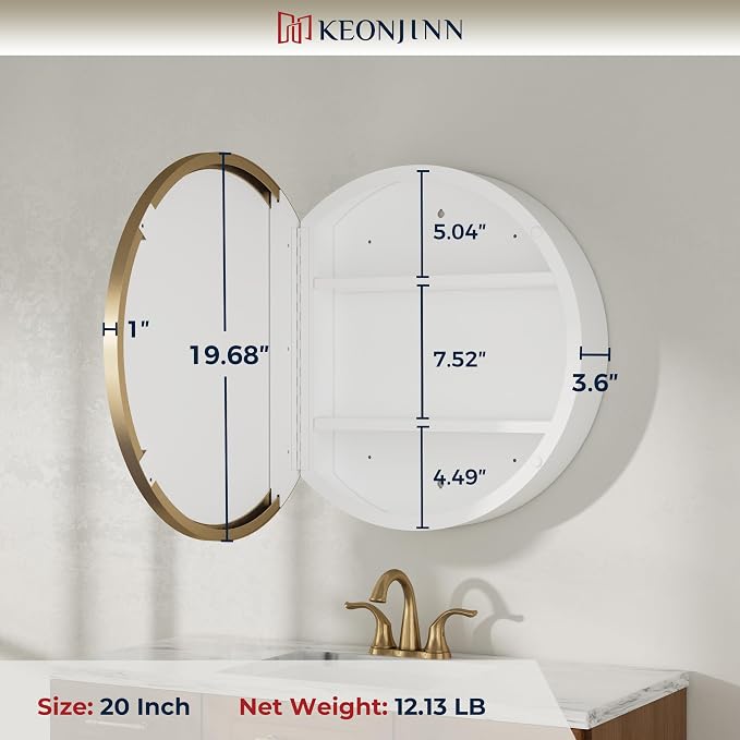 Keonjinn 20x20 in Round Medicine Cabinet Mirror for Bathroom, Wall Mounted | Gold Medicine Cabinet Mirror, Shatter-proof, Rust Resistant, Adjustable Shelves, Smooth Piano Hinge, Magnetic Door Bumpers