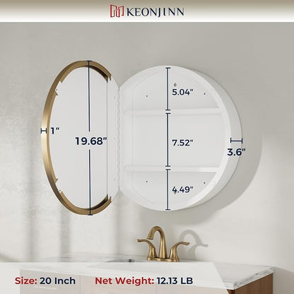 Keonjinn 20x20 in Round Medicine Cabinet Mirror for Bathroom, Wall Mounted | Gold Medicine Cabinet Mirror, Shatter-proof, Rust Resistant, Adjustable Shelves, Smooth Piano Hinge, Magnetic Door Bumpers