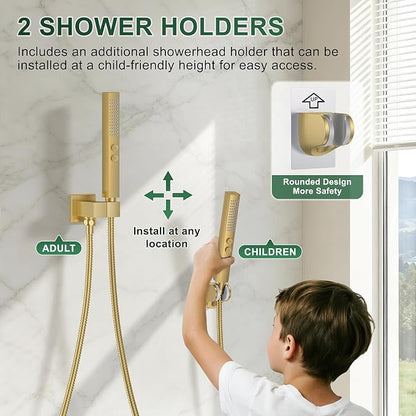 Rain Shower System with Rough-in Valve, Ceiling Mount Shower Faucet Set with 12" & 6" Dual Rain Shower Heads, 2-in-1 Handheld Shower, Tub Spout, 4-Function Complete Shower Fixture,Brushed Gold