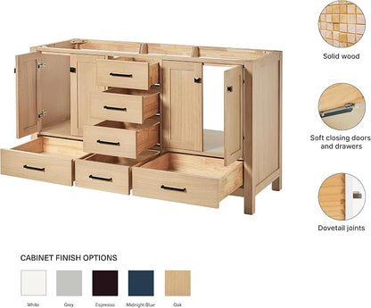 ARIEL Cambridge 60-inch Bathroom Vanity Base Cabinet,Solid Wood, 4 Soft Closing Doors, 6 Dovetail Drawers, White Oak