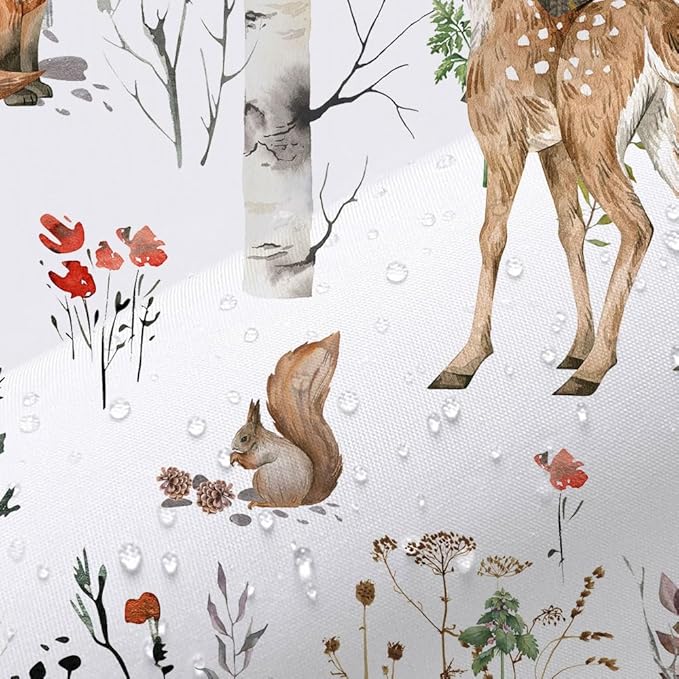 JAWO Rustic Forest Shower Curtains, Lodge Cabin Woodsy RV Shower Curtain, Wildlife Animals Woodland Campers Camping Bathroom Set with Hooks, 60X70 Inch, White