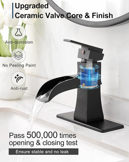 Waterfall Faucet, Brass Black Bathroom Sink Faucet 1 Hole or 3 Holes (4 Inch) with Single Handle, Pop-Up Drain, Lead-Free cUPC Supply Hoses & Deck Plate for Vanity Lavatory RV