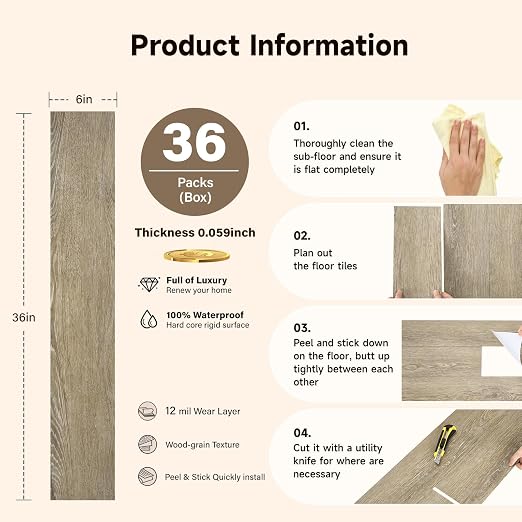 INMOZATA 36-Pack Peel and Stick Flooring Vinyl Floor Tile (Aspen Yellow) | 54 Sq.Ft, Waterproof, Heat-resistant, Wood Grain, Strong Adhesive, DIY Flooring for Bedroom Living Room Bathroom Kitchen RV