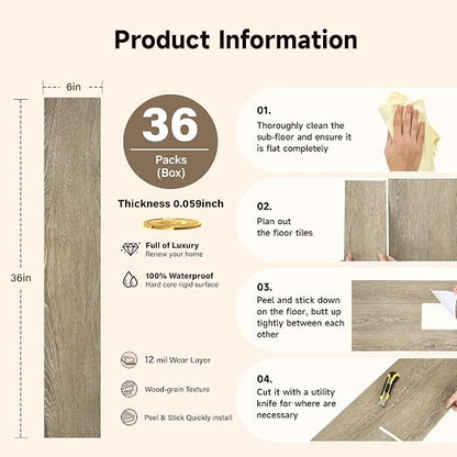 INMOZATA 36-Pack Peel and Stick Flooring Vinyl Floor Tile (Aspen Yellow) | 54 Sq.Ft, Waterproof, Heat-resistant, Wood Grain, Strong Adhesive, DIY Flooring for Bedroom Living Room Bathroom Kitchen RV