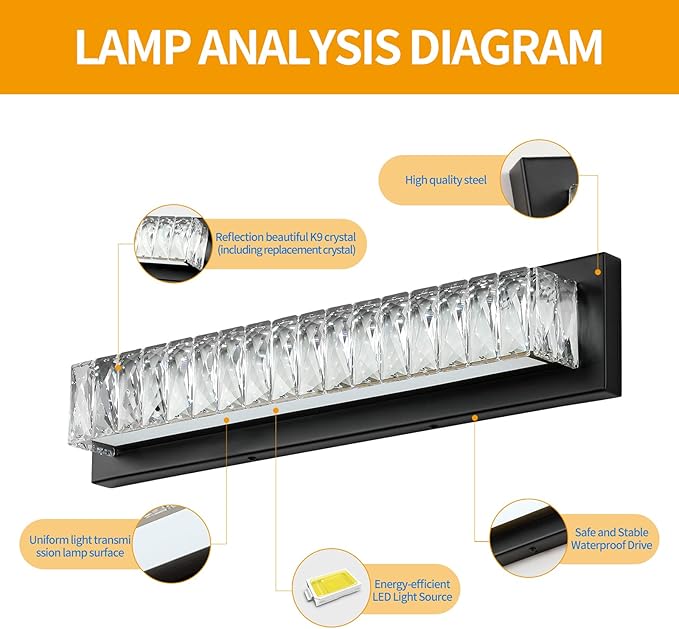 Bathroom Light Fixtures 23 Inch Modern Crystal Vanity Light LED Black Wall Sconce for Bathroom Vanity Mirror Lights Cool White 6000K