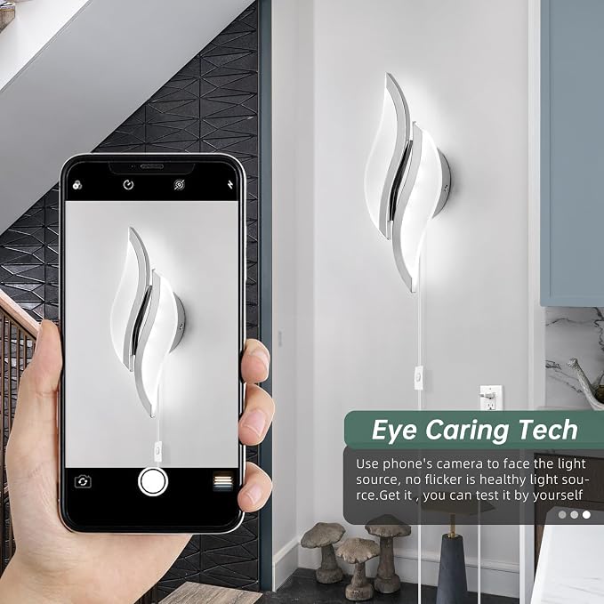 CANEOE Plug in Wall Sconces Set of Two 6000K Chrome Modern LED Wall Light Fixtures Acrylic Wall Sconce Lighting for Living Room Bedroom Bedside Bathroom Hallway Stairway Wall Lamp
