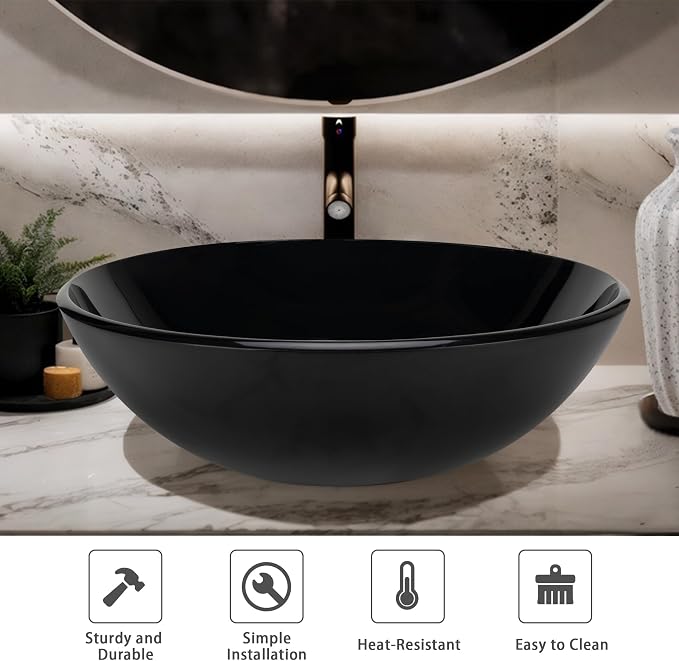 YIMAI Black Glass Vessel Sink 16.5" x 16.5" x 5.5" – Tempered Glass Above Counter Round Bathroom Sink Bowl Countertop Modern Sinks with Faucet and Drain Combo, Easy Install for Master or Powder Room