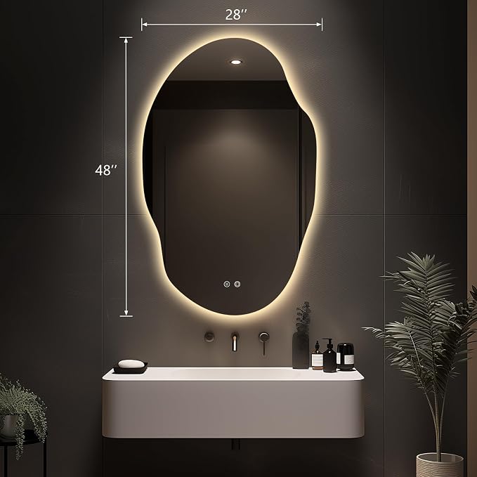 Asymmetrical LED Bathroom Mirror with Lights,Irregular Led Bathroom Vanity Mirror for Wall with Backlit, Anti Fog, 3 Colors and Dimmable Light,[Horizontal/Vertical] 48" H x 30" W