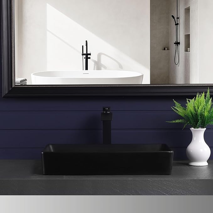 Vessel Sink 24"x14" Rectangular Bathroom Sink Modern Black Porcelain Ceramic Above Counter Drop-in Vanity Sink for Bathrooms Art Basin