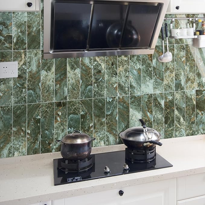 AULIGET 40-Piece Polished Green Marble with Gold Peel and Stick Backsplash Wall Tiles, 3" x 12" PVC Faux Stone Stick on Tiles for Backsplash Kitchen, Bathroom, Laundry Room, Camper, Fireplace