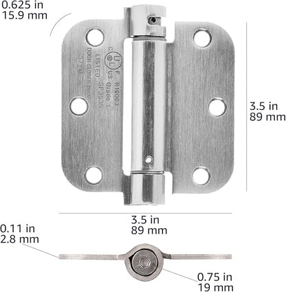 Amazon Basics Self-Closing Door Hinge, 3.5 Inch x 3.5 Inch, 5/8-Inch Radius, Satin Nickel, 1-Piece, Hardware Included