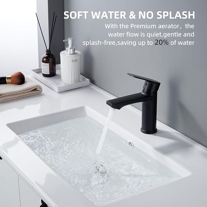 BELZ Black Bathroom Faucet, Lead-Free Single Hole Sink Faucet for Vanity | NSF372 Certified, Anti-peeling PVD Black Finish, Water-saving & Anti-splash, Single Handle Modern Design with Hot/Cold Hoses
