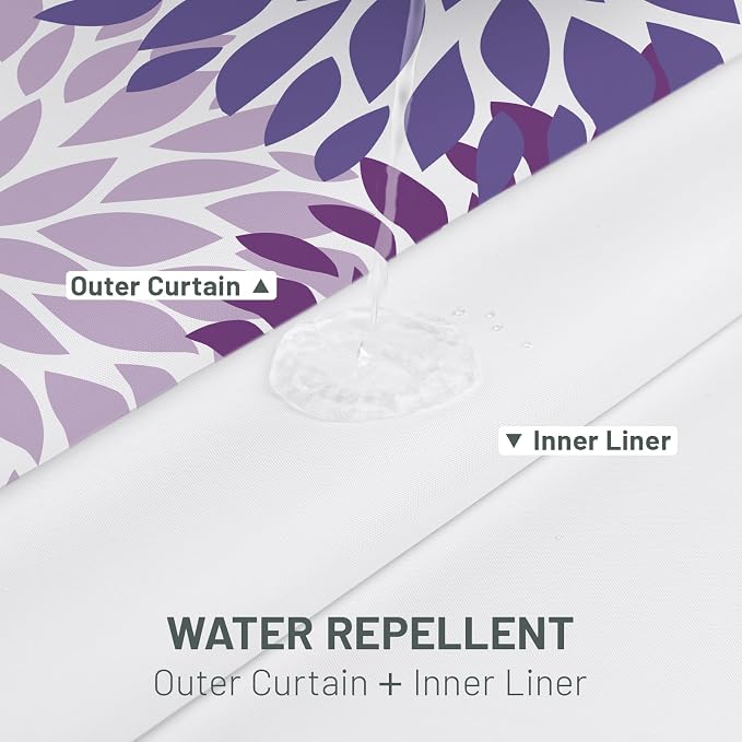 No Hook Floral Shower Curtain with Liner, Purple, 71x74 | Snap in Liner, 3 in 1, Water Repellent, Easy Install, Machine Washable, Hotel Style for Bathroom, Watercolor Pattern