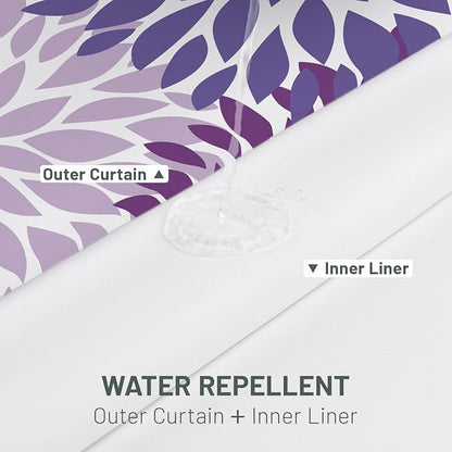 No Hook Floral Shower Curtain with Liner, Purple, 71x74 | Snap in Liner, 3 in 1, Water Repellent, Easy Install, Machine Washable, Hotel Style for Bathroom, Watercolor Pattern