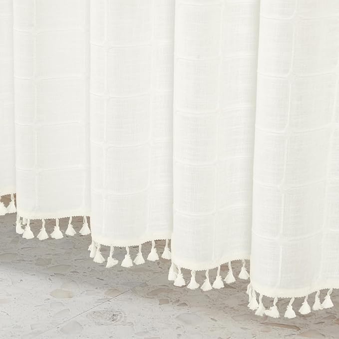 MitoVilla Cream White Boho Extra Long Shower Curtain 72 x 84, Modern Farmhouse 84 inch XL Polyester Linen Texture Tassel Fabric Shower Curtain Set with Hooks for Country Bathroom Decor, Ivory