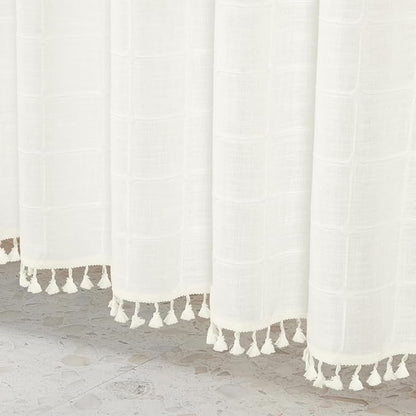 MitoVilla Cream White Boho Extra Long Shower Curtain 72 x 84, Modern Farmhouse 84 inch XL Polyester Linen Texture Tassel Fabric Shower Curtain Set with Hooks for Country Bathroom Decor, Ivory