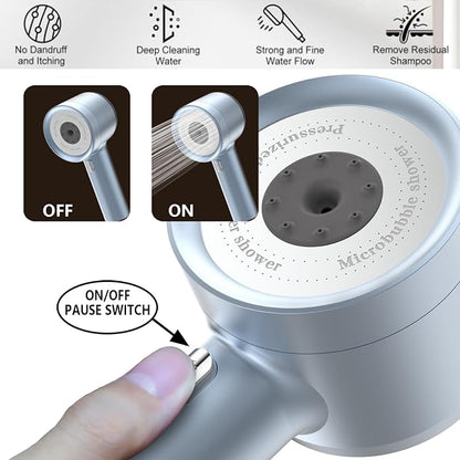 High Pressure Shower Head with Handheld, with Pause Switch 4 Spray Modes Water Saving Showerhead,Showerhead Set with Hose, Bracket and Cotton Filter, (blue)