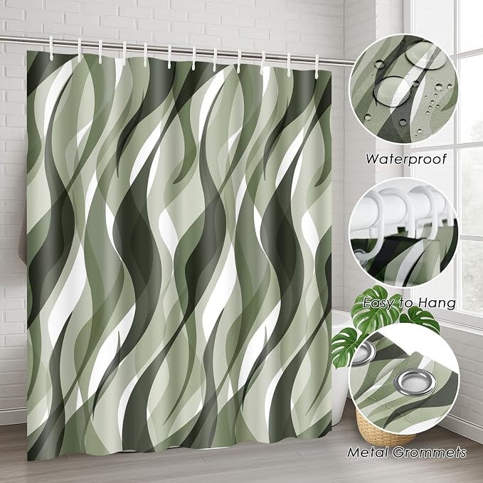 Bathroom Sets with Shower Curtain and Rugs, 4 Pcs, Green Geometric | Abstract Ombre Modern Bathroom Decor Set with Toilet Lid Cover, Non-Slip Bath Mats and Accessories 12 Hooks