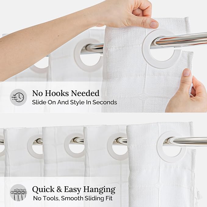 RiverDream Farmhouse No Hooks Shower Curtain with Snap-in Liner,White,71x74 | Snap on Fabric Liner,Heavy Duty,Quick Dry,Mesh Top Window,With Bottom Magnets,Washable,with Tassels,Standard Size