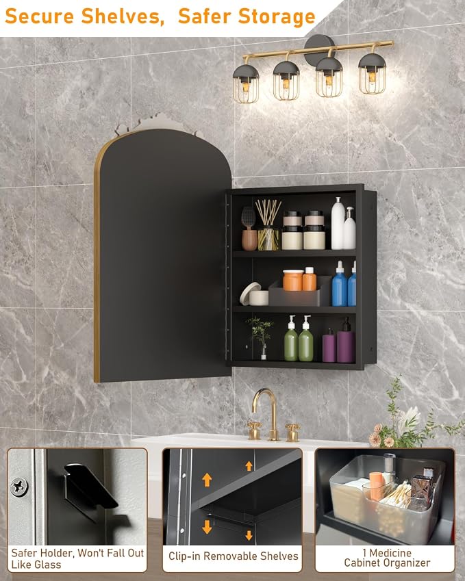 16x24 Inch Bronze Medicine Cabinet Mirror with Hand-Made Vintage Carving Flower and Aluminum Frame, Full Metal Cabinet, Recessed & Surface Mount, 2 Shelves, Arched Mirror with Storage for Bathroom