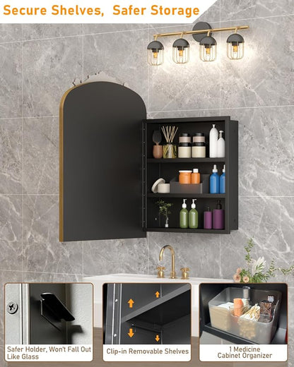 16x24 Inch Bronze Medicine Cabinet Mirror with Hand-Made Vintage Carving Flower and Aluminum Frame, Full Metal Cabinet, Recessed & Surface Mount, 2 Shelves, Arched Mirror with Storage for Bathroom