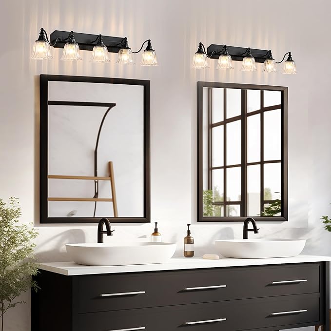 Black Vintage Bathroom Vanity Light Fixture, 5-Light Vanity Light for Bathroom, Antique Matte Black Finish with Crystal Glass Shade, Lighting Fixtures Over Mirror for Bedroom Living Room