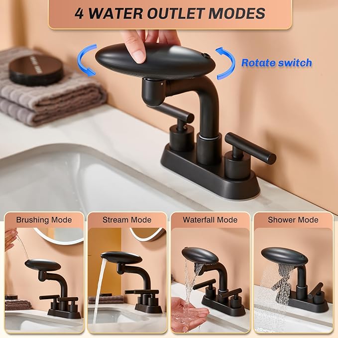 Matte Black Bathroom Sink Faucet，Modern 3 Hole Bathroom Faucet 2 Handle 4 Inch Centerset with 4 Water Outlet Modes, 360° Swivel Spout & Pop-Up Drain