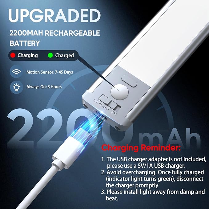 Under Cabinet Lighting, 14.7" Rechargeable Motion Sensor Light Indoor, 2 Pack Magnetic Dimmable Closet Lights, Wireless Under Counter Lights for Kitchen, Stairs,Hallway