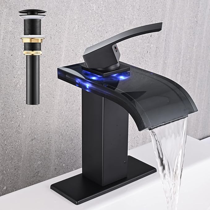 LED Bathroom Sink Faucet, Matte Black Waterfall Single Hole Handle Vanity Faucets for Sinks 1 Hole with Metal Pop Up Drain and 2 Water Supply Lines, Wide Glass Spout