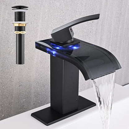 LED Bathroom Sink Faucet, Matte Black Waterfall Single Hole Handle Vanity Faucets for Sinks 1 Hole with Metal Pop Up Drain and 2 Water Supply Lines, Wide Glass Spout