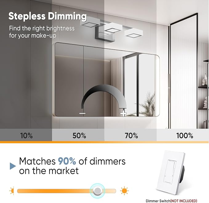 LED Modern Bathroom Light Fixtures Over Mirror, 3-Light Dimmable Vanity Lights, Chrome Acrylic Bathroom Vanity Light, 2700K-6500K Adjustable, ETL Certificated