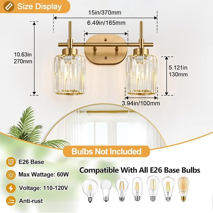Modern Crystal Bathroom Vanity Light, 2-Light Brushed Gold Bathroom Light Fixtures with Clear Shades, Vanity Lighting Fixtures Over Mirror (Exclude Bulb)