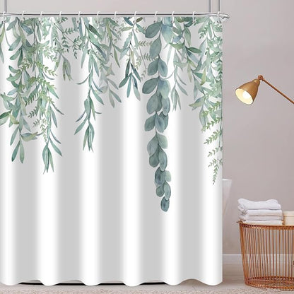 Botanical Shower Curtains, Watercolor Eucalyptus Leaf Plant Green Bathroom Curtain for Bathtub Home Decoration Waterproof Fabric Machine Washable with 12 Hooks