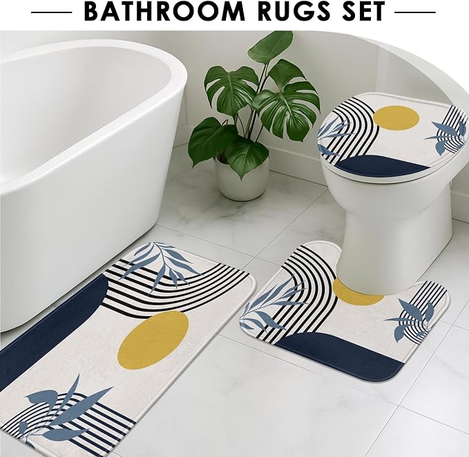 Bathroom Sets with Shower Curtain and Rugs, Boho Geometric 4 Pcs, | Abstract Mid Century Modern Bathroom Decor Set with Toilet Lid Cover, Non-Slip Bath Mats and Accessories 12 Hooks
