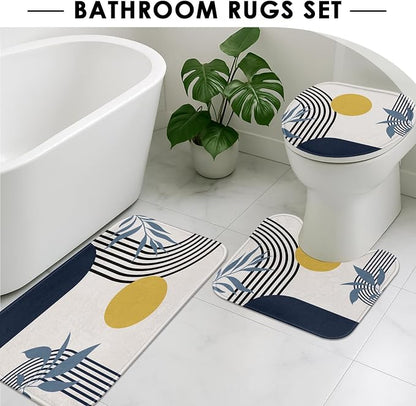 Bathroom Sets with Shower Curtain and Rugs, Boho Geometric 4 Pcs, | Abstract Mid Century Modern Bathroom Decor Set with Toilet Lid Cover, Non-Slip Bath Mats and Accessories 12 Hooks