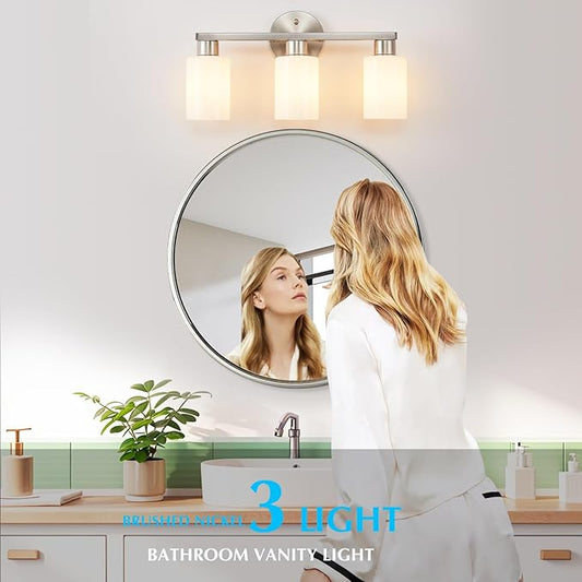 Brushed Nickel 3-Light Bathroom Vanity Light Modern Bathroom Light Fixtures Nickel Vanity Lights with Eye-Friendly Milky White Frosted Glass Shades E26 Socket (Bulbs Not Included)