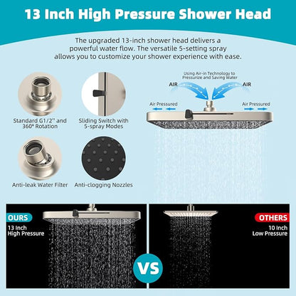 Hibbent Rain Filtered Shower Head, 13'' High Pressure Rainfall 5 Modes Showerhead with 16" Shower Head Extension Arm, Solid Brass Adjustable Shower Arm Extender, 20 Stage Shower Filter, Brushed Nickel
