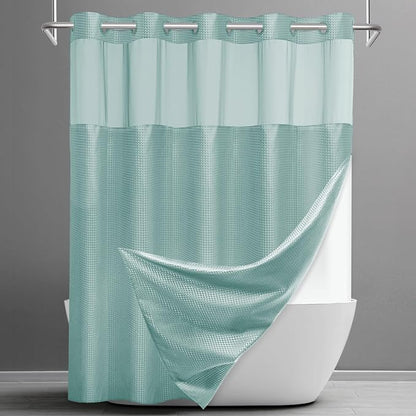 SORTTO No Hook Shower Curtain with Snap in Liner Set Waffle Shower Curtain for Bathroom Hotel Style Fabric Waterproof Inner Liner，71" W x 74" H, Teal