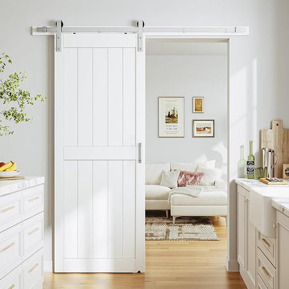 SMARTSTANDARD 36" x 96" White Sliding Barn Door with 6.6FT Silver Hardware | Pre-Drilled Ready to Assemble, Waterproof PVC Coating, H-Frame