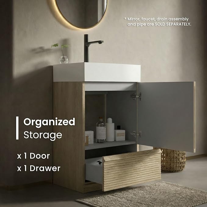 20 inch Bathroom Vanity with White Ceramic Sink, Bath Storage Cabinet with Soft-Closing Door and Drawer, Perfect for Small Space, Powder Room, Hotel, Light Oak