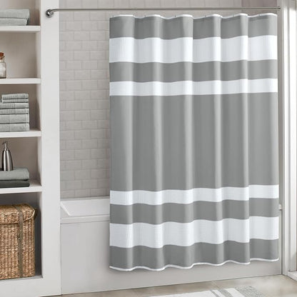 Madison Park Spa Waffle Weave Long Shower Curtain, 72 x 78, Grey | Striped, Pieced Fabric Design, 3M Scotchgard Moisture Management, Hotel Quality, Modern, for Bathroom, OEKO-TEX Certified