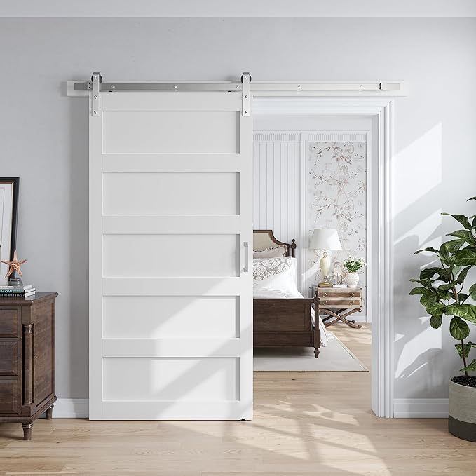 SMARTSTANDARD 42x84 inch White Barn Door with 7FT Silver Hardware Track | Solid MDF Slab, Waterproof PVC Surface, 5-Panel, Suitable for Openings up to 40in x 82in