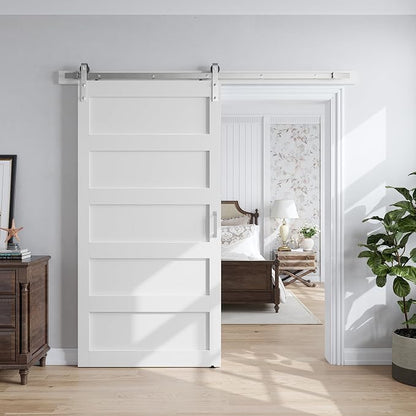 SMARTSTANDARD 40x84 inch White Barn Door with 7FT Silver Hardware Track | Solid MDF Slab, Waterproof PVC Surface, 5-Panel, Suitable for Openings up to 38in x 82in
